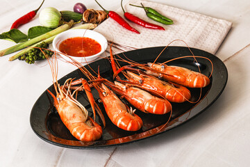 Boiled tiger prawn with sauce