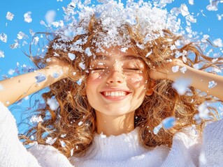 A joyful woman with curly hair playfully tossing snowflakes in the air against a bright blue sky, showcasing winter happiness.