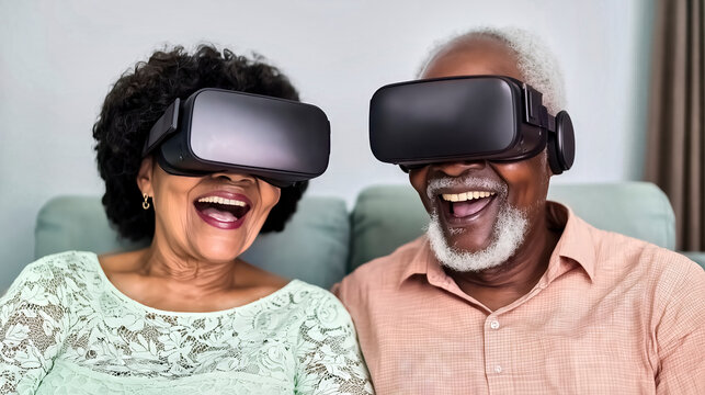 Senior couple having fun experiencing virtual reality at home