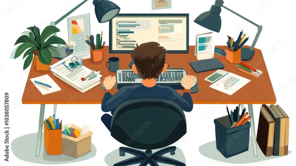 Poster a person working at a cluttered desk with a computer and various office supplies.