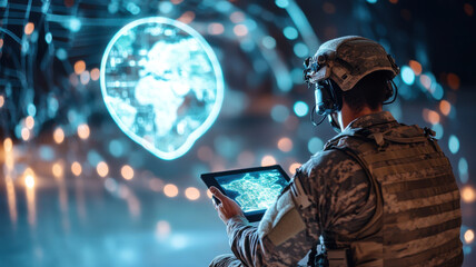 special operations soldier is kneeling and analyzing digital battlefield map on tablet, surrounded by futuristic holographic display of world. scene conveys focus and determination
