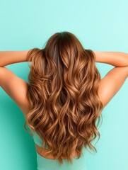 Fototapeta premium A woman with long, wavy brown hair stands against a mint green background, showcasing her hairstyle and enjoying a vibrant, stylish atmosphere.
