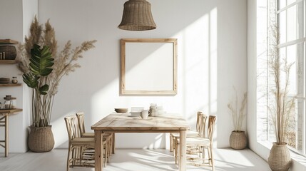 Minimalist dining room with natural decor, wooden table, empty frame, plants