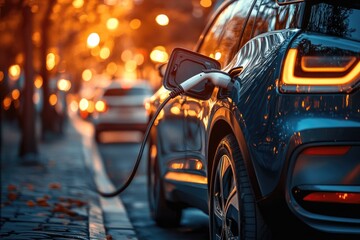 Obraz premium Electric car charging at night in the city with bokeh lights