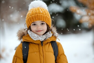 A confident child wearing a yellow knitted hat and jacket stands amidst soft snowflakes, exuding warmth and adventurous spirit in the peaceful winter setting.