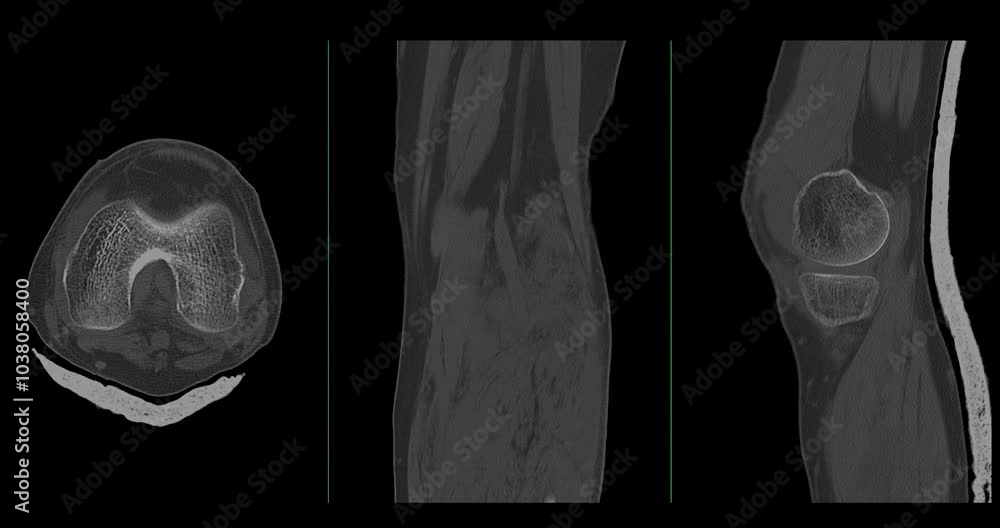 Poster knee joint ct-scan revealing tibial fracture:the scan highlights a distinct fracture in the tibia, l