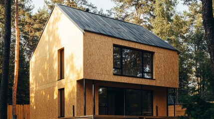 Obraz premium A modern house built from SIP panels with OSB exterior walls, featuring a simple two-pitched roof. 