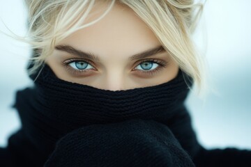 A portrait of a woman with striking blue eyes, partially covered by a black scarf, set against a wintery backdrop, conveying mystery and elegance with soft focus.