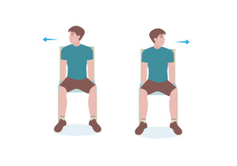 Exercises that can be done at-home using a sturdy chair. Keeping in this position, rotate the head to either the left or right until feeling a gentle stretch. with Neck Turns posture. Cartoon style.	