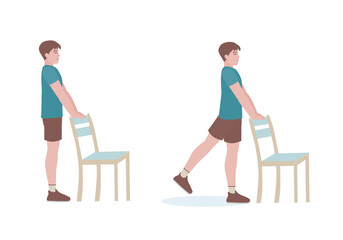 Exercises that can be done at-home using a sturdy chair.
with Back Kicks posture. Illustration in cartoon style.