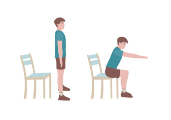 Exercises that can be done at-home using a sturdy chair.
Extend arms in front and level with the shoulders. Slowing bending at the hips and lower down to sit on the chair. with Chair Squats posture. 