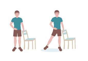 Exercises that can be done at-home using a sturdy chair.
Stand adjacent to a chair  Lift one leg and keep the other and hold it in that position for 5-10 seconds with Side Leg Raise. Cartoon style.