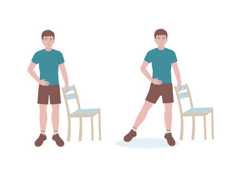 Exercises that can be done at-home using a sturdy chair.
Stand adjacent to a chair  Lift one leg and keep the other and hold it in that position for 5-10 seconds with Side Leg Raise. Cartoon style.