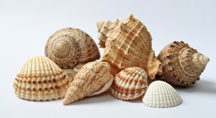 Group of Various Seashells on White Background