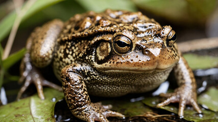 Fototapeta premium A close-up photo of a toad sitting on the ground with a detailed focus on its textured skin and colors.