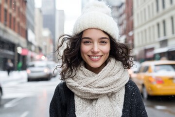 A stylish young woman with a warm smile, wrapped in a cozy knit hat and scarf, stands on a snowy city street, embodying winter fashion and urban style.