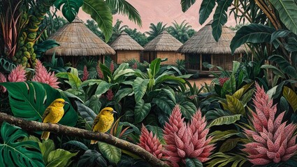 Obraz premium dense jungle scene with vibrant foliage, including large leaves and clusters of pink and green plants. In the foreground, two yellow birds are perched on a branch, adding a touch of life to the scene.