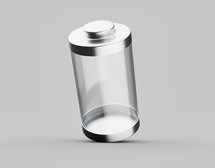 Glossy transparent battery charging glass empty battery with metal caps on white background 3d illustration