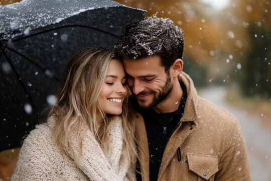 A cheerful couple embraces under a black umbrella amidst falling snow in a colorful autumn setting, blending winter romance with seasonal beauty.