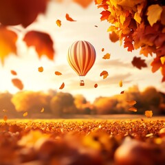 Obraz premium Colorful hot air balloon soaring through autumn leaves and colorful foliage.