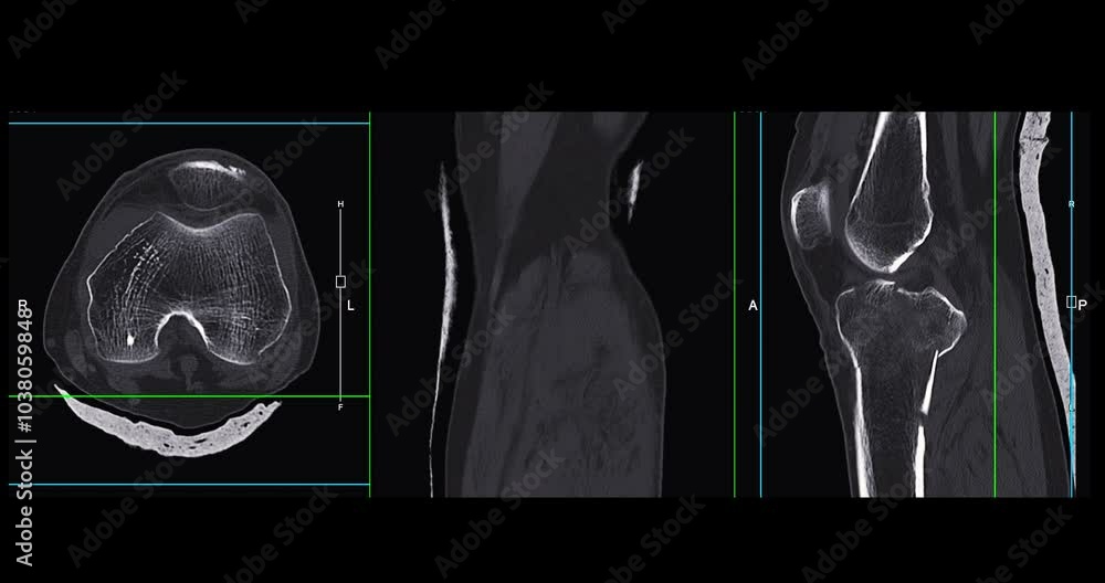 Poster knee joint ct-scan revealing tibial fracture:the scan highlights a distinct fracture in the tibia, l