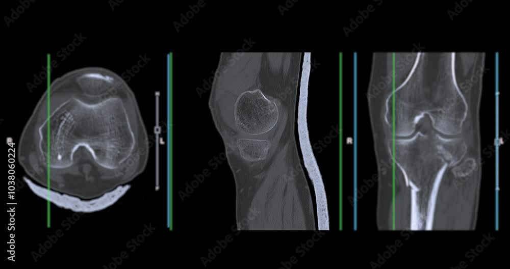 Poster knee joint ct-scan revealing tibial fracture:the scan highlights a distinct fracture in the tibia, l