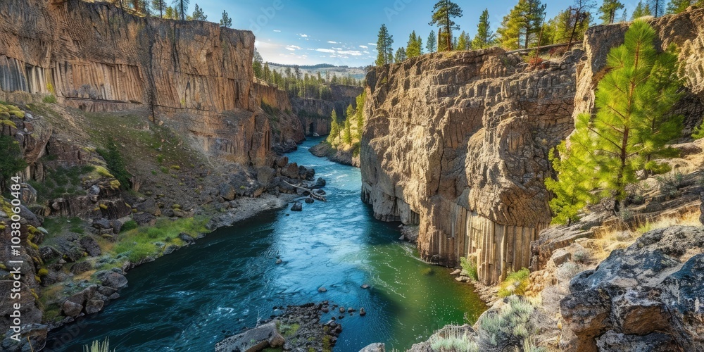Poster a scenic view of a river flowing through rocky cliffs and pine trees under a clear sky.