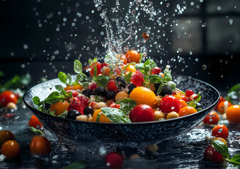 A colorful salad with cherry tomatoes, blackberries, and feta cheese in an elegant bowl, being splashed by water droplets