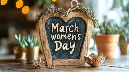 A beautifully crafted wooden sign adorned with greenery announces Women's Day in March. Surrounded by potted plants and decorative items, this cozy atmosphere highlights the celebration of women's ach