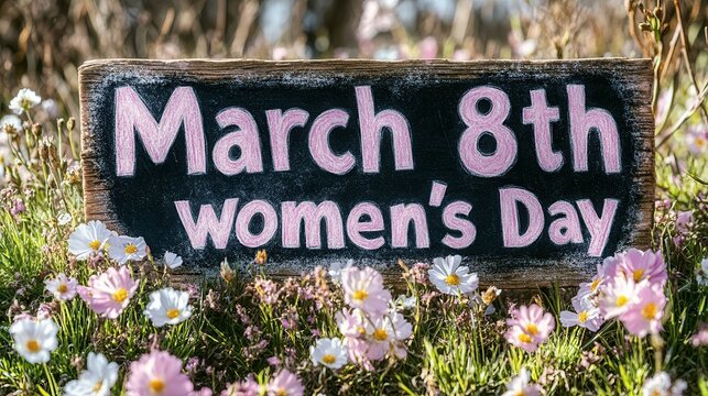 A colorful sign announcing March 8 as Women's Day is surrounded by blooming flowers in a lively garden. The vibrant colors and cheerful atmosphere reflect the celebration of women's achievements and s