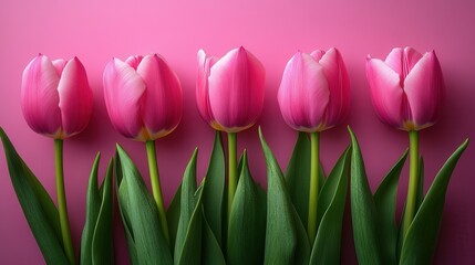 Naklejka premium A collection of six vibrant pink tulips stands upright, their petals softly illuminated against a bright pink background, creating an inviting, cheerful display of nature’s elegance and color.