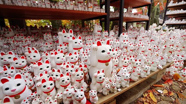 Autumn of Gotokuji Temple Shofukuden with many beckoning cats