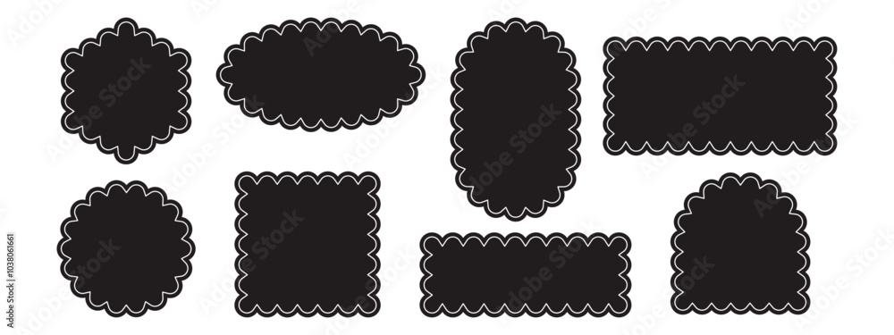 Poster set of rectangular, round, oval and square scalloped frames. zig zag wavy edge. abstract elements fo