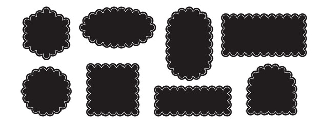 Set of rectangular, round, oval and square scalloped frames. Zig zag Wavy Edge. Abstract elements for tag, stickers. Vector illustrations set isolated on white