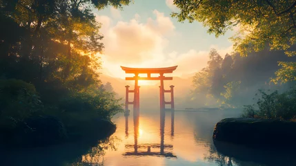 Selbstklebende Fototapeten The torii gate of a Japanese shrine and the view of the shining morning sun from the torii gate © adomon
