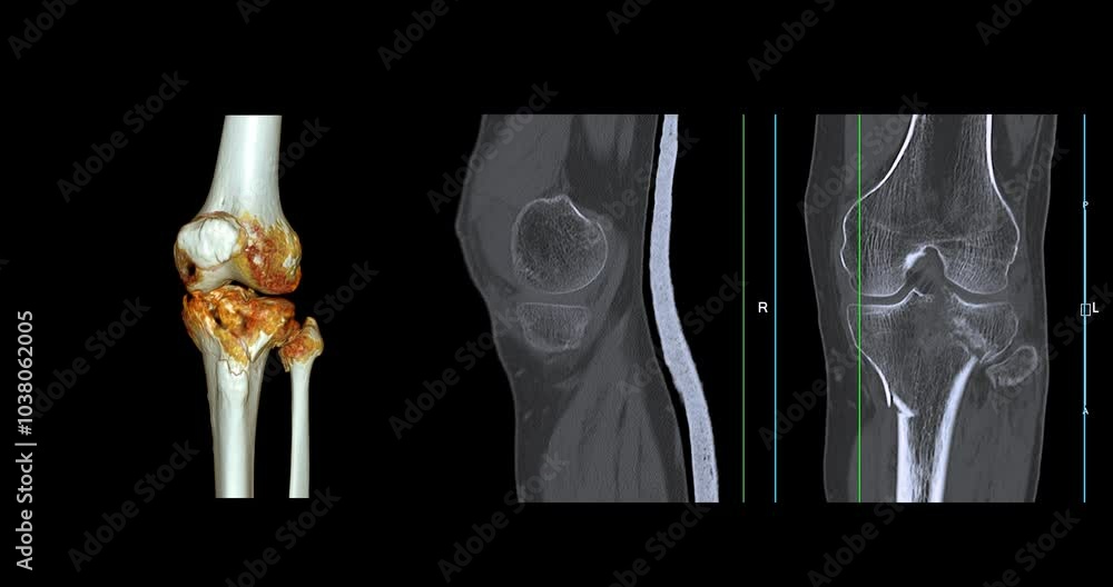 Poster knee joint ct-scan revealing tibial fracture:the scan highlights a distinct fracture in the tibia, l
