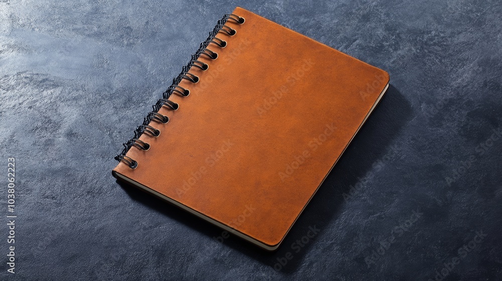 Wall mural leather bound notebook sits on a grey surface. the notebook is open to a blank page. the notebook is