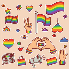 A colorful LGBT pride design featuring rainbows, eyes, flags, flowers and equality messages, stickers