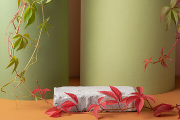 Autumn podium made of stone and green leaves on a green background.