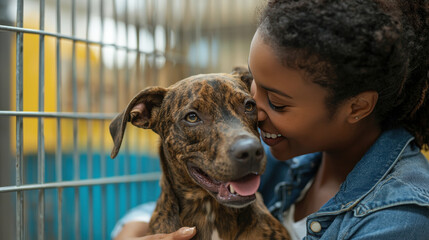 joyful woman embraces her new rescue dog, showcasing heartwarming bond. scene captures happiness of adopting pet and love shared between them