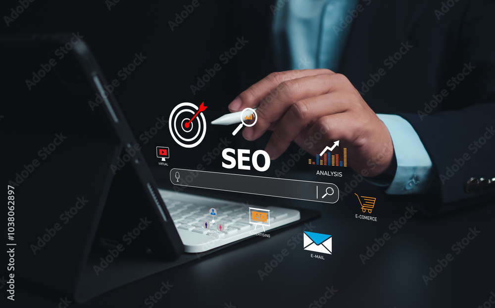 Poster seo, marketing planning, businessman use search engine to searching for information, businessman sea