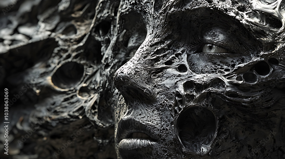 Poster intricate sculpture showcasing expressive human features a captivating fusion of art and emotion in 