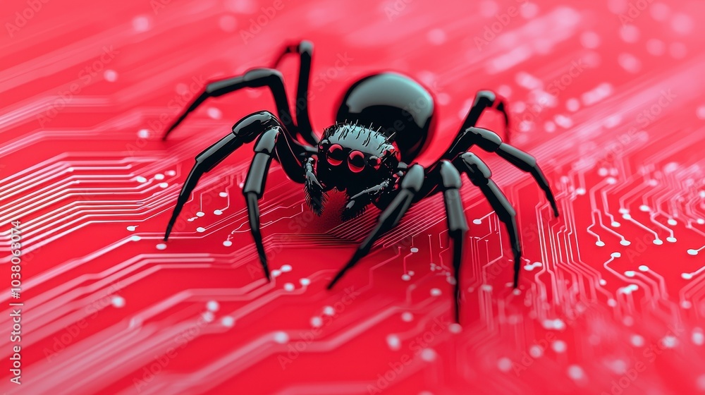 Poster a striking black spider on a vibrant red circuit board represents the intersection of nature and tec
