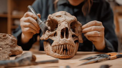 Paleontologist carefully cleaning dinosaur skull, showcasing dedication and focus