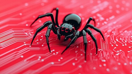 A striking black spider on a vibrant red circuit board represents the intersection of nature and technology. Perfect for concepts of innovation and cybersecurity.