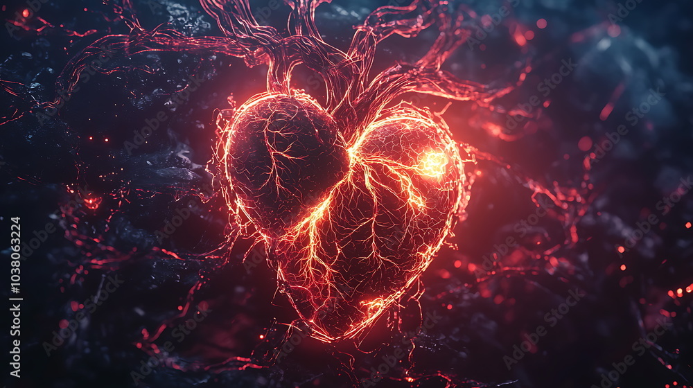 Poster mesmerizing glowing heart illustration on dark background capturing the essence of emotions and inne