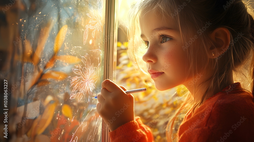 Poster a young girl lost in thought gazing through a foggy window while sketching delicate patterns in the 