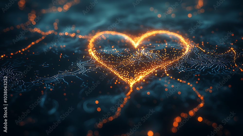 Poster captivating glowing heart shape formed by mesmerizing swirling sparks and lights against a dark back
