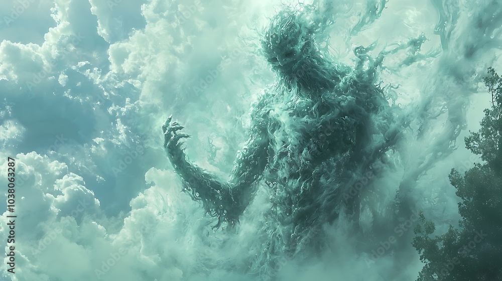Poster a mystical deity emerges from the clouds the ethereal form of a misty being intertwined with nature'