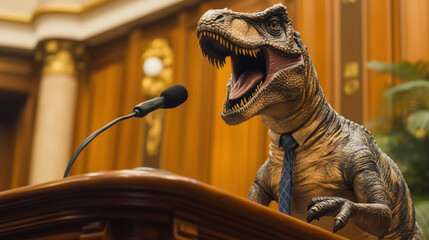 Fototapeta premium Dinosaur politician giving speech at podium, showcasing humorous scene